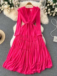Aibeautyer New Casual Summer Solid Slim Full Lady Dress A Line V Neck Chiffon Pullover Mid-Calf High Waist Women Dresses