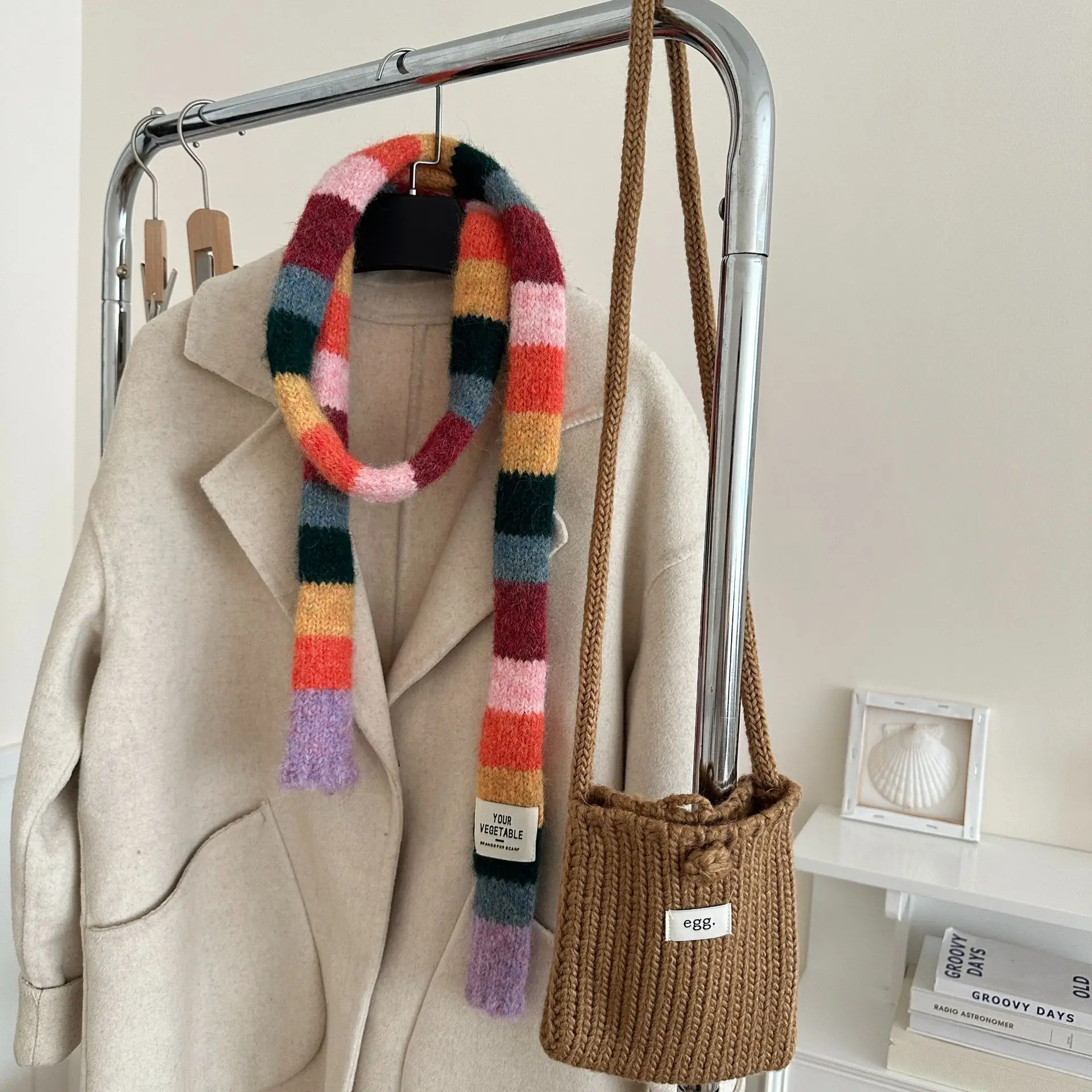 Korean Y2K Striped Scarf Knitted Wool with Colorful Splicing Contrast Long Narrow Scarves Sausage Thin Scarf Winter Scarves Wrap image 3