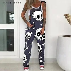 Lugentolo Women Skull Print Bib Overall Jumpsuit Suspenders Casual Spring Summer Female Sleeveless New Fashion Large Size 5XL