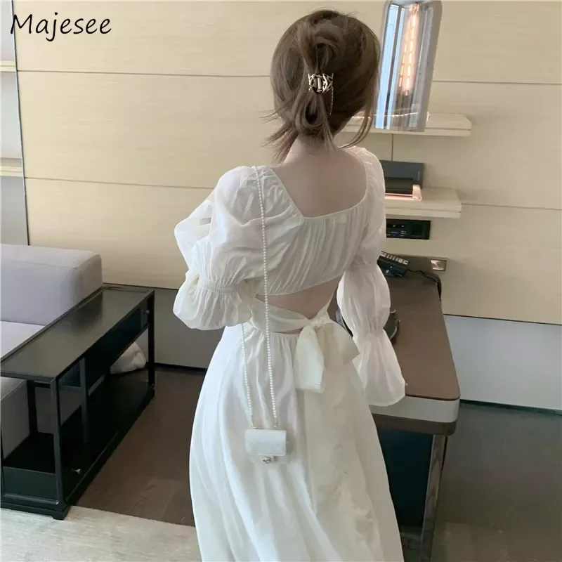 Long Sleeve Dresses Women Backless Korean Fashion All-match Gentle Streetwear Solid Spring Vestidos Defined Waist Chic Harajuku