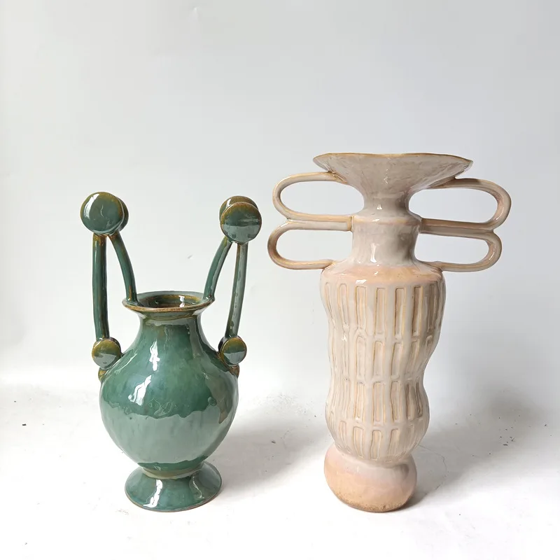 Simple Wabi-Sabi Double-Handled Ceramic Vase Art Ornament Home Model Room Homestay Dining Table Flower Arrangement