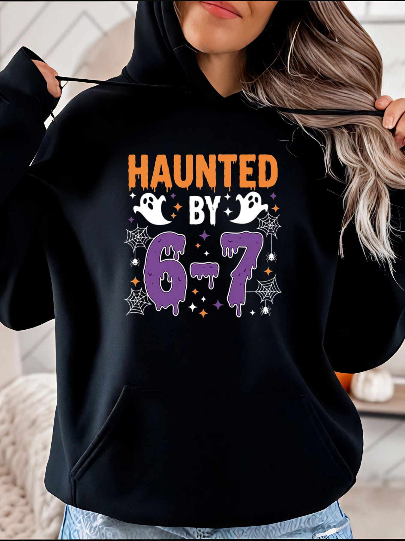 

Haunted by 6-7 Halloween Printed Hoodie Women's Casual Sweatshirt Spooky Ghost Spiderweb Design for Party Costume Wear