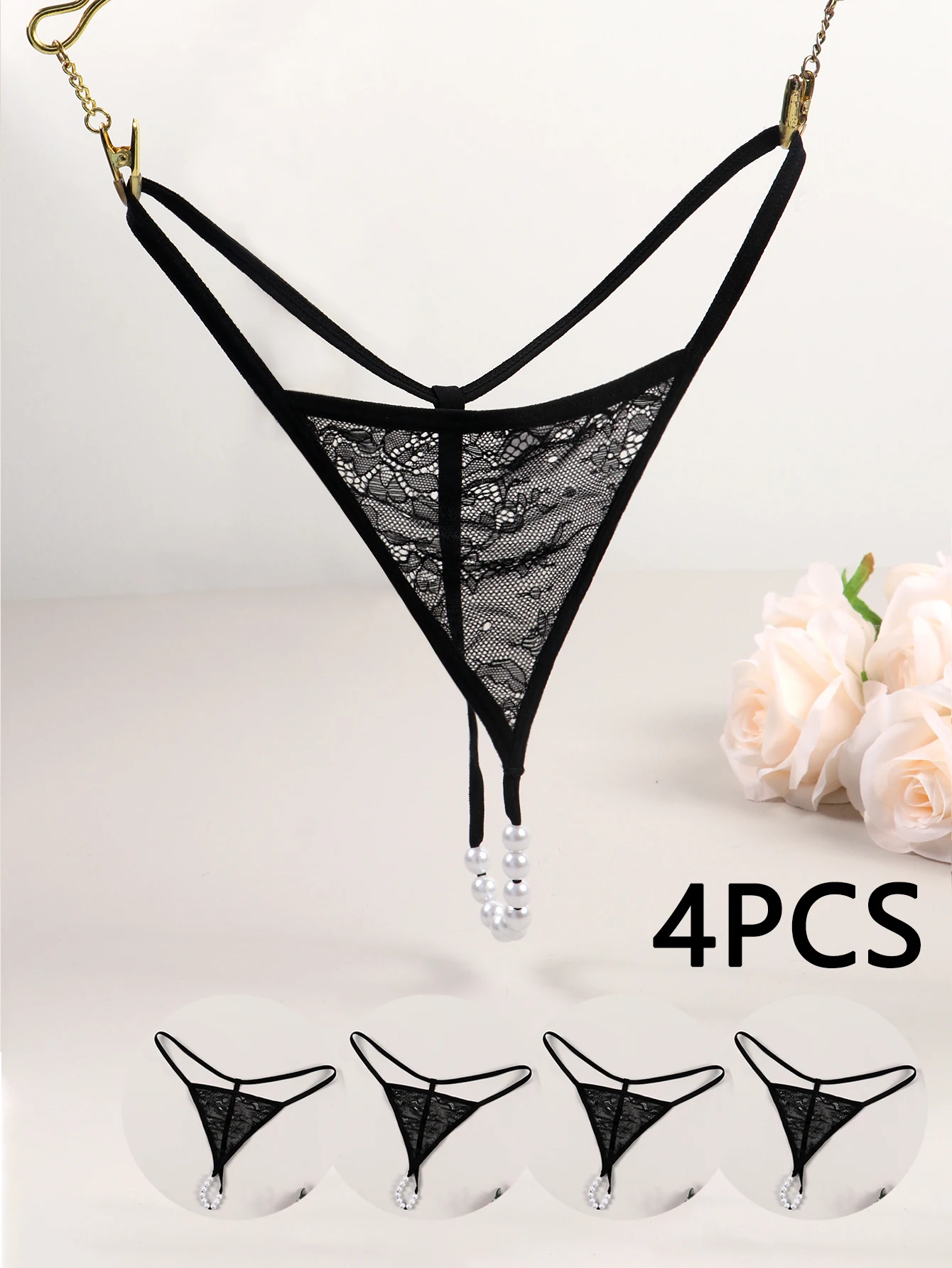 Varsbaby Sexy Lace G-Strings with Pearls Panties 4pcs Women T-Back Thongs Low-Rise Underwears