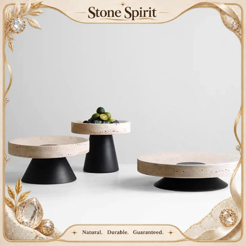 【Natural】Beige Travertine Tray with Metal Base Vintage Natural Marble Serving Tray Round Cake Stand Fruit Bowl Home Decor