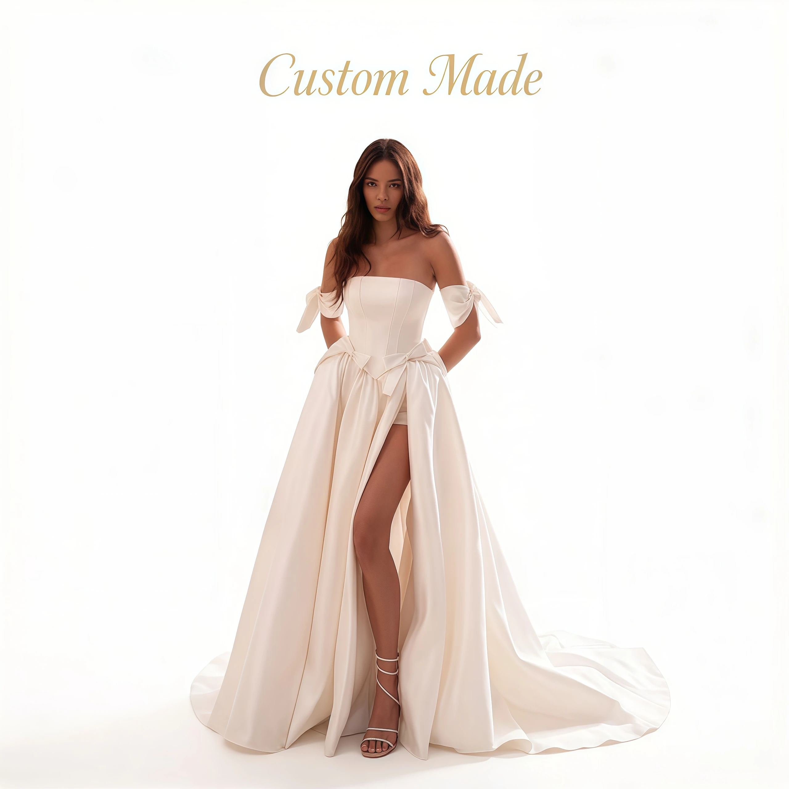 

Kitty Customized Modern Wedding Dress Strapless Square Neck Off-the-Shoulder Bow Accent Waist High Slit Satin A-Line Bridal Gown