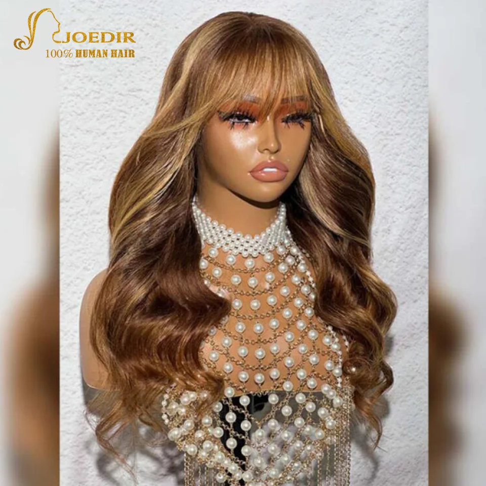 Hightligh Brown Body Wave Human Hair Lace Wigs With Curtain Bangs Brazilian Remy Hair Ready to Wear Part Lace Loose Wavy Wigs