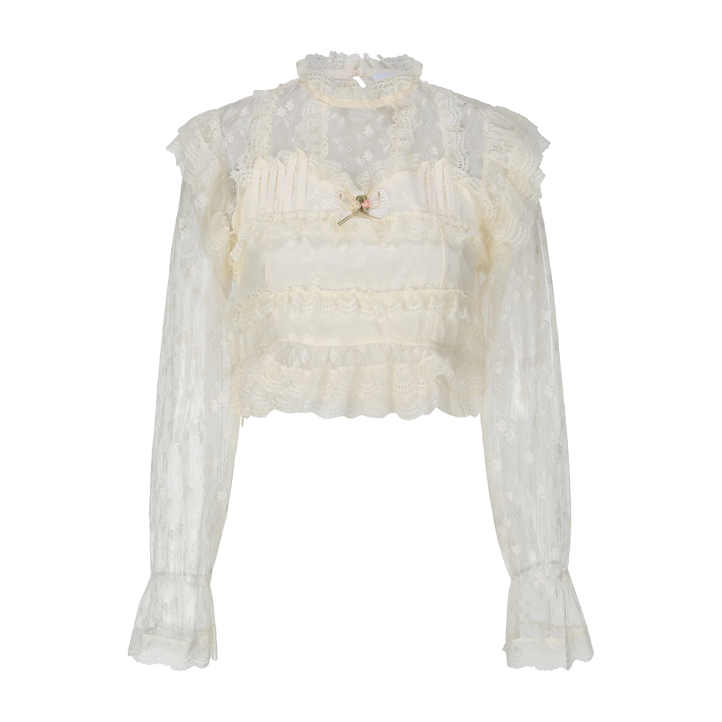 

Женская летняя блузка ручной работы с кружевом, длинными рукавами, воротником-стойкой, узлом, свободного кроя, с защитой от УФ-излучения