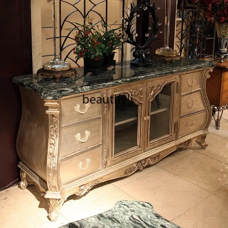 

European-Style Marble Tea Cabinet Carved Hallway Sideboard Cabinet Household Quality Carved Decorative Locker