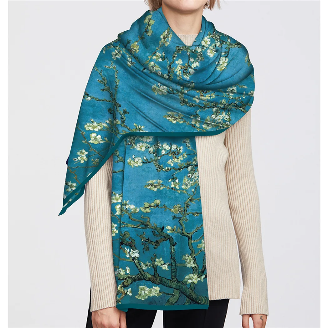 

Long Double Layer Oil Painting Style Silk Scarf Shawl for Women Decorative Sash Versatile Autumn Winter Collection
