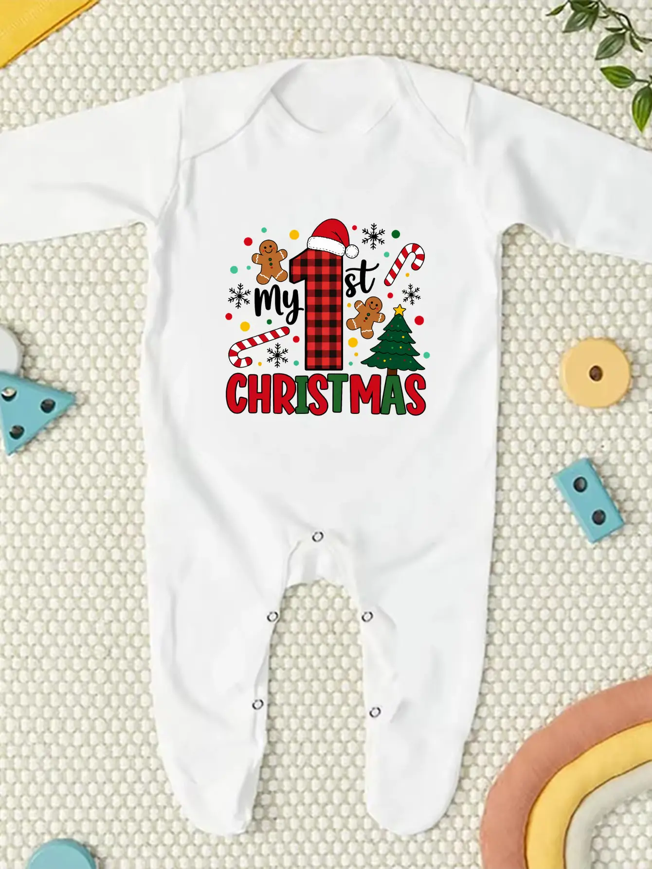 My First Christmas Baby Footed Romper Gingerbread Man Plaid Print Long Sleeve Newborn Jumpsuit Infant Christmas Outfit Gift