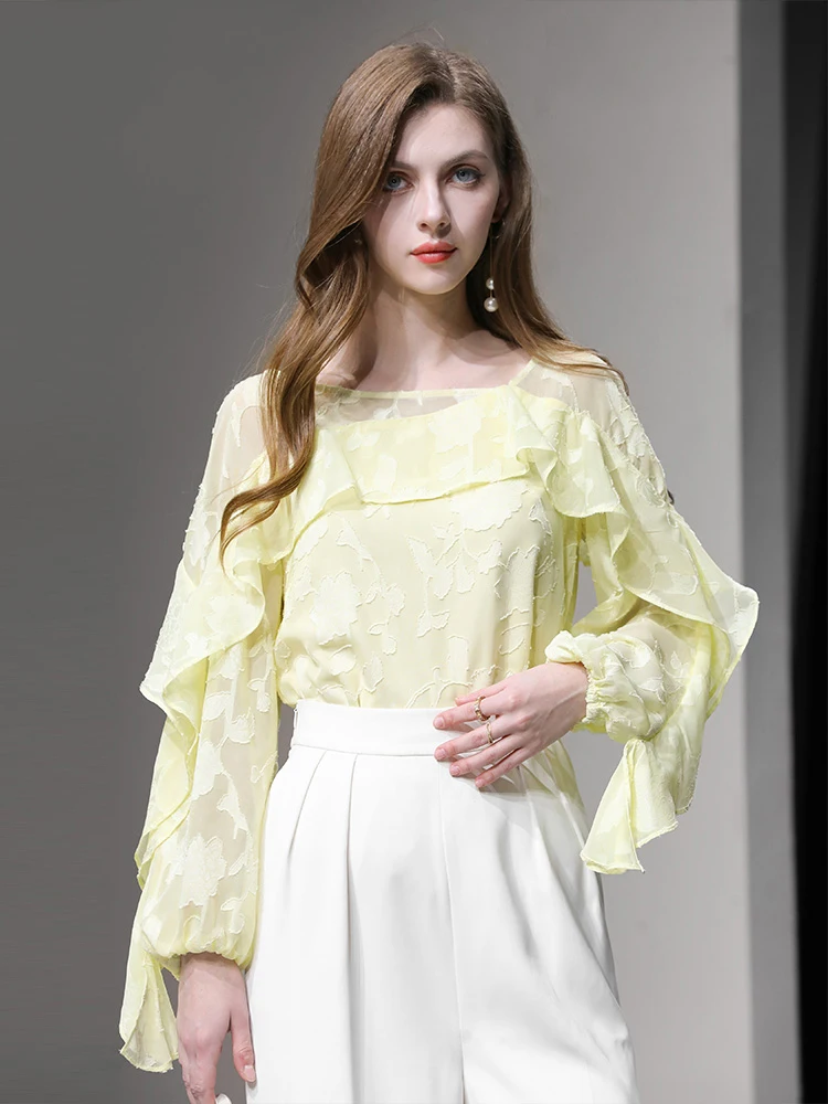 

Весна 2026: Модная универсальная женская повседневная блузка свободного кроя с вышивкой, кружевной отделкой и рукавом-фонариком на одно плечо