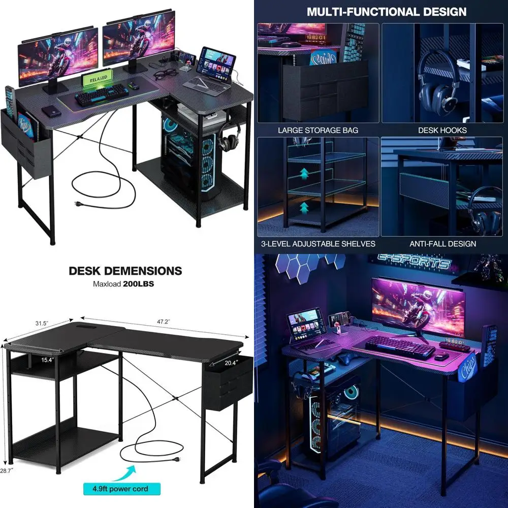 

48 L-Shaped Gaming Desk with Power Outlets, Reversible Shelves, and Storage for Home Office and PC Gaming, Black Carbon