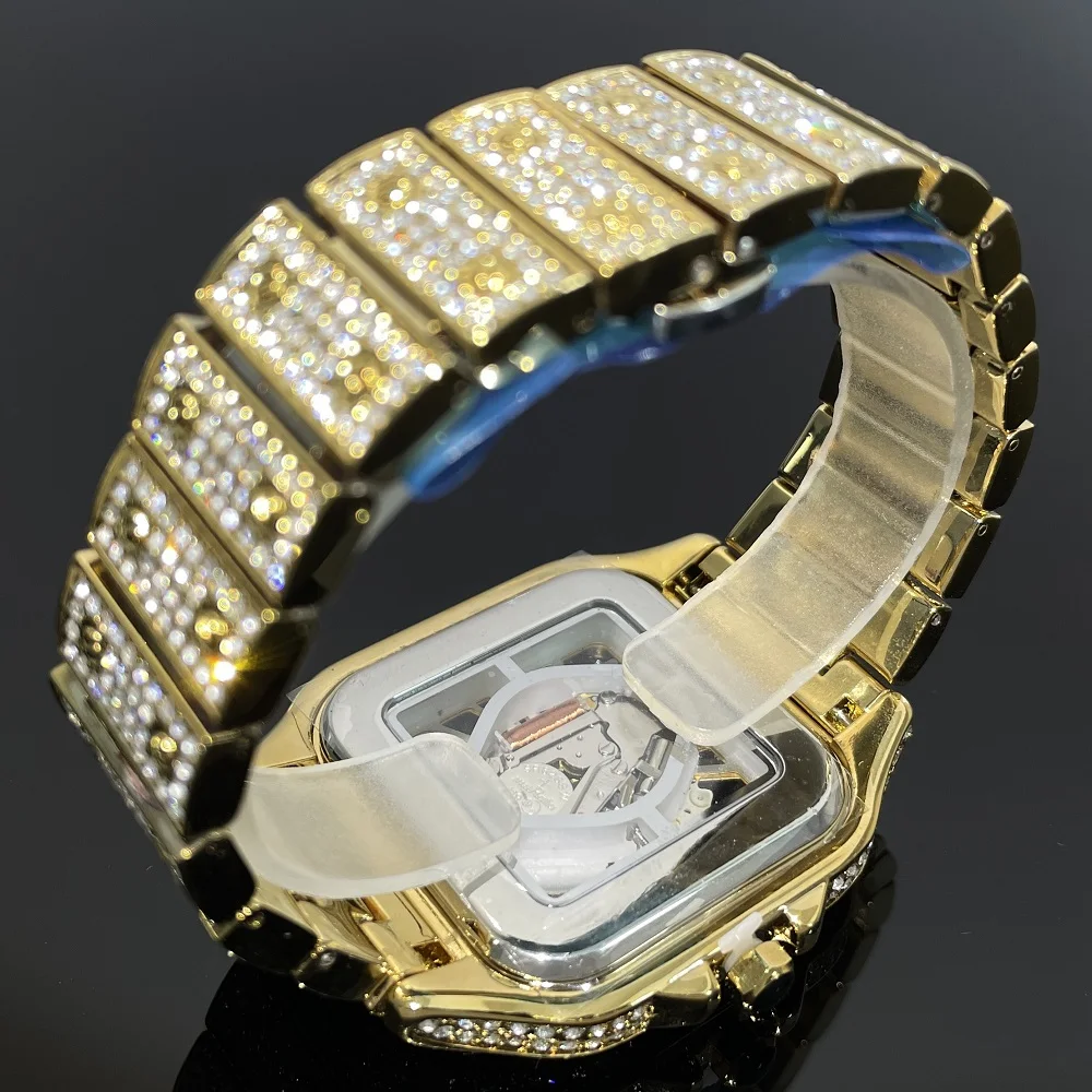 Hot Luxury Diamond Watches Mens Fashion Hollow Out Square Quartz Wristwatch Shiny Hip Hop Iced Out AAA Watch For Man Gift