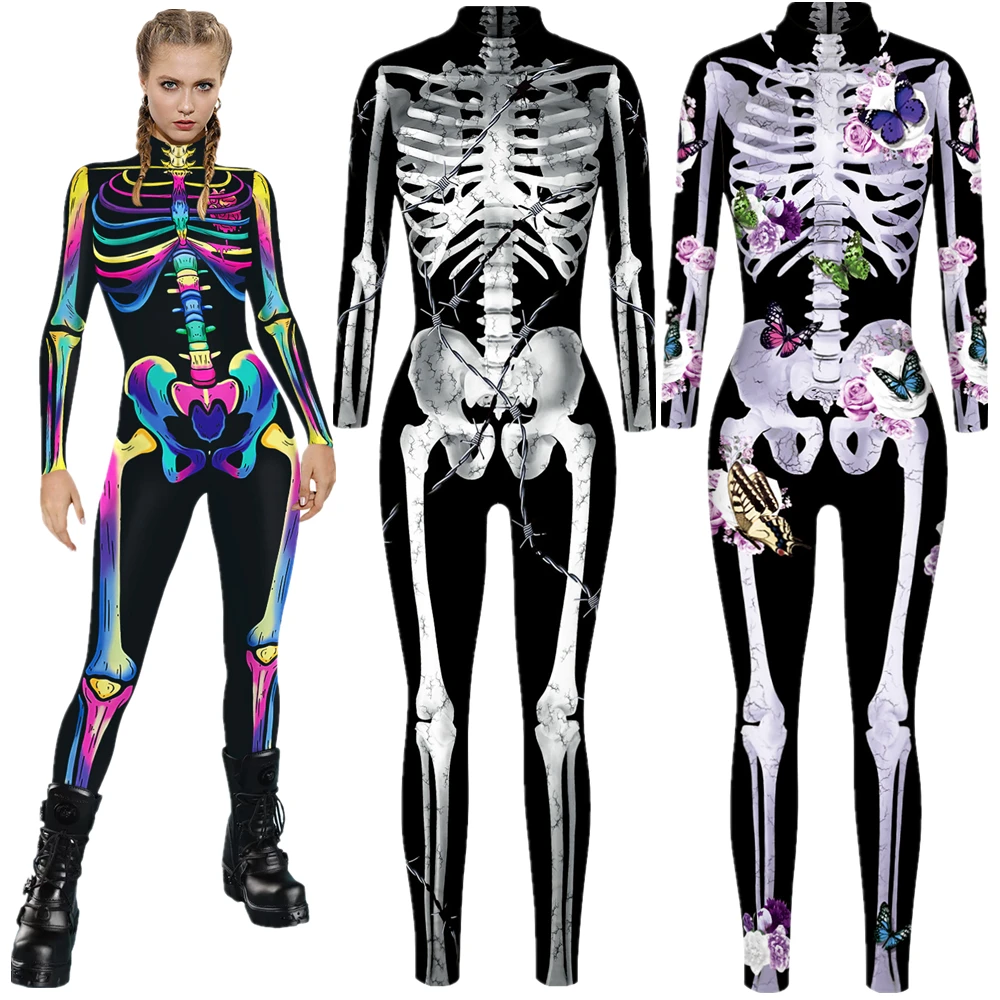 Skeleton Skull Ghost Women Sexy Slim Jumpsuit Catsuit Carnival Cosplay Costumes Zentai Halloween Party Bodysuit