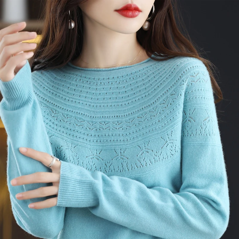 Trendy Style One-Line Ready-To-Wear Pure Wool Sweater Women\'s Hollow Knitted Pullover Autumn and Winter Rolled Edge O-Neck Top