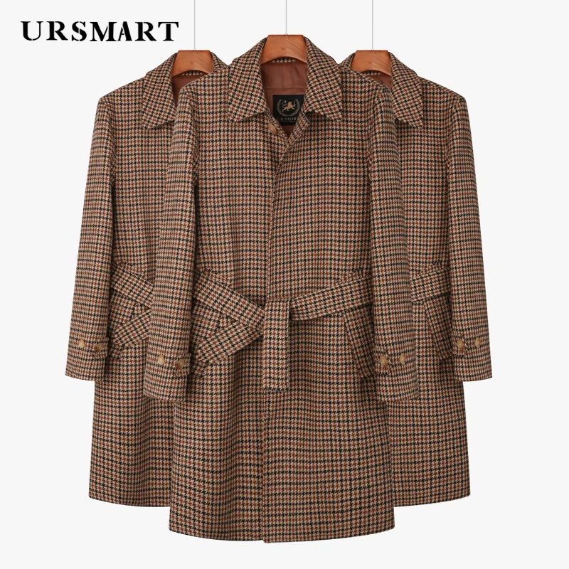 

2024 Thousand Bird Plaid Men's Wool Coat Single breasted Mid length Coffee English Style Thickened Down Inner Men's Coat