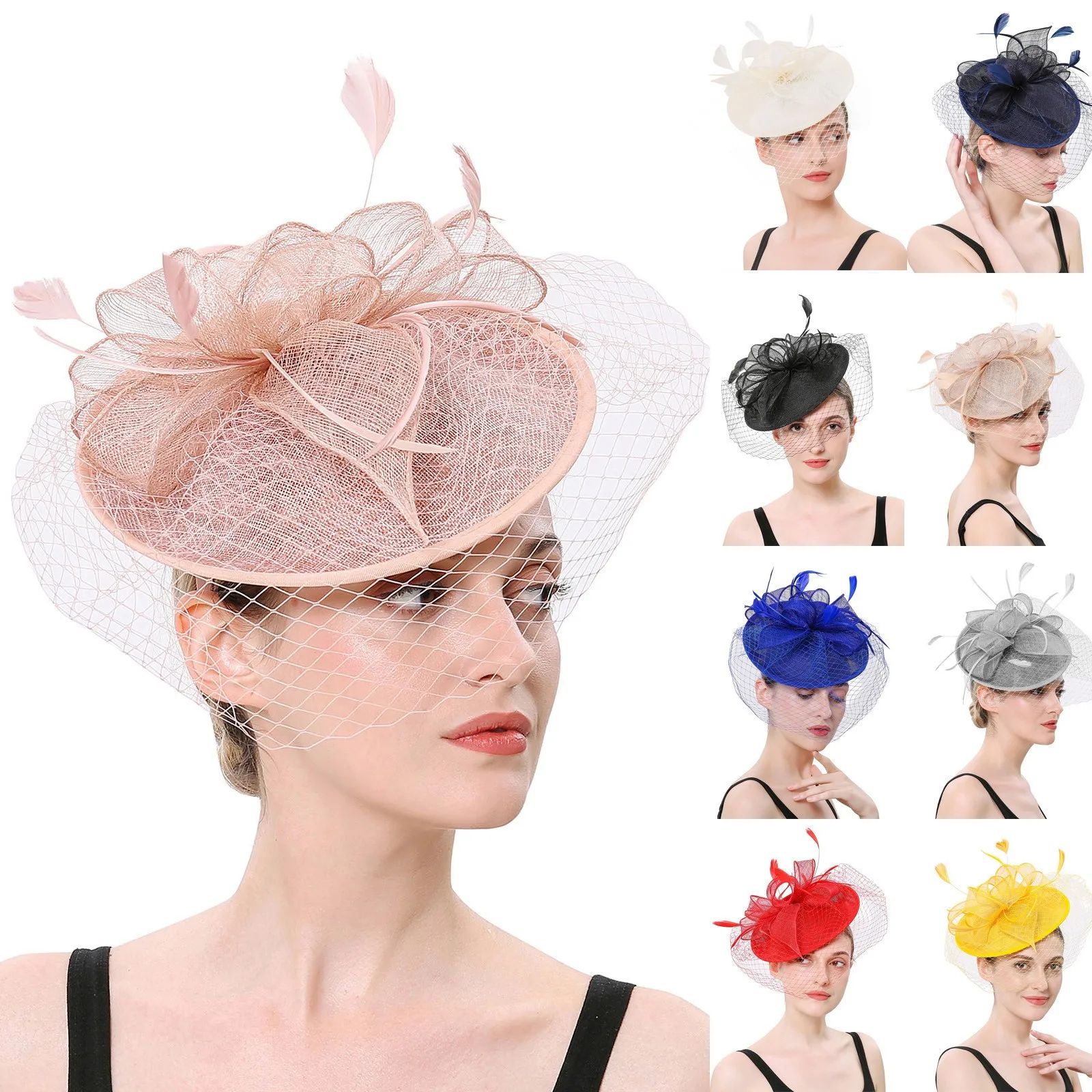 Baru topi bulu Gereja pernikahan topi jaring-jaring topi wanita perempuan Sinamay Fascinators topi pesta koktail Headband topi Pernikahan