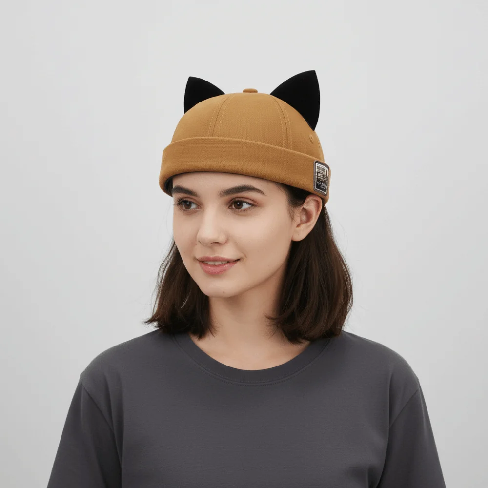 Unique Cute Cat Ears Brimless Hat Hip Hop Adjustable Melon Docker Cap Solid Color Rolled Cuff Docker Cap Worker Wear