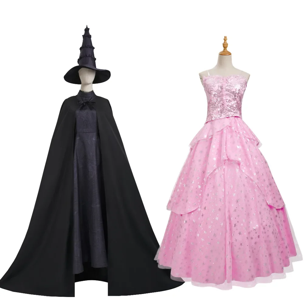 

Wicked Glinda Elphaba Cosplay Costume Full Sets Pink Coat Black Uniform for Women Halloween Carnival Party Roleplay Outfit