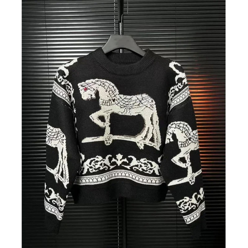 Autumn Winter Horse Jacquard Knitted Sweaters Women Clothing Vintage Diamonds Fashion Luxury Wool Pullover Tops Knitwear