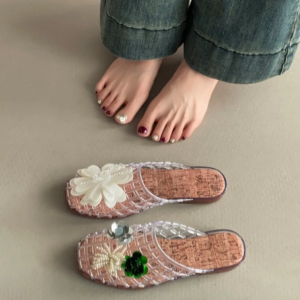 

Round Toe PVC Crystal Slippers Soft Non-Slip Fishing Net Jelly Sandals Transparent Flat Low Bottom DIY Shoes Charms Shoes Girls