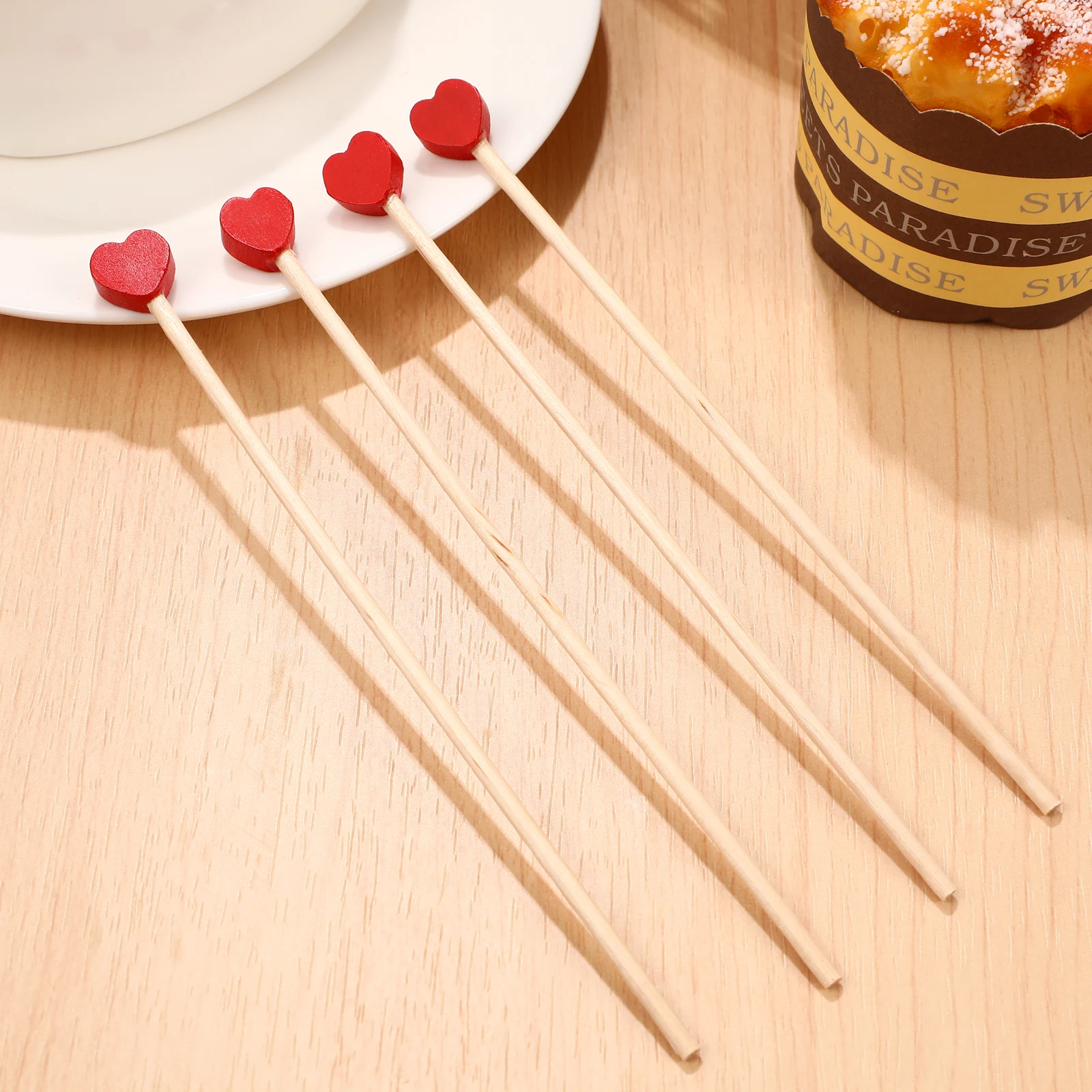 

100 pcs Coffee Stirrer Sticks Wooden Long Handle Honey Syrup Jam Disposable Cocktail Heart Bar