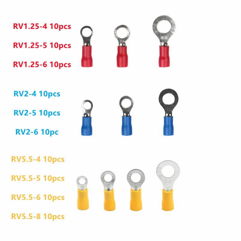 100Pcs Insulated Cold-pressed M4/M6/M8 Ring Terminals Wire Cable Crimp Connectors 22-10 AWG Kit