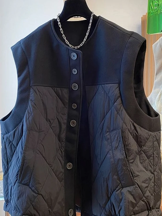 

Новинка 2025, женский свободный пуховый жилет-тюжет, лоскутная верхняя одежда со шлепанцами, осень-зима, круглая застежка на одной пуговице