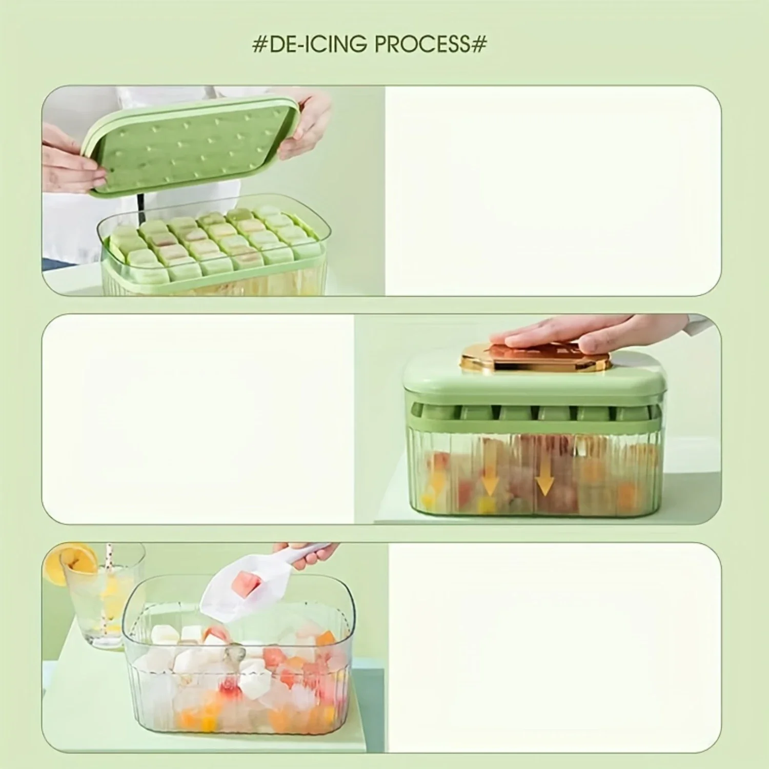 Pressed Ice Cube Mold Set Food Grade Silicone  Ice Box Press Plate Cover + Deicing Ice  Box + 24 Grid TPE Soft Bottom + Ice Shov