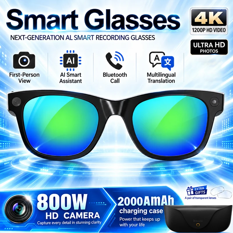 NEW AI Smart Glasses 800W HD Camera Video Recording Voice Calls Real-time Translation with 2000mAh Charging Case Smart Glasses