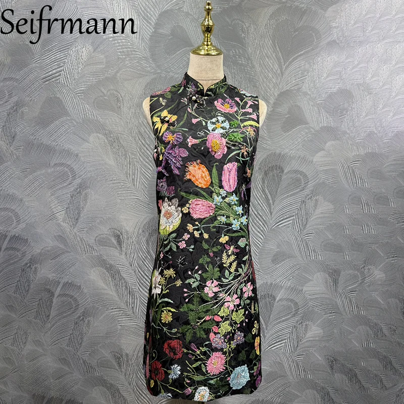 

Seifrmann 2026 Summer Women's New Fashionable Stand up Collar Sleeveless Nail Bead Printed Chinese Dress