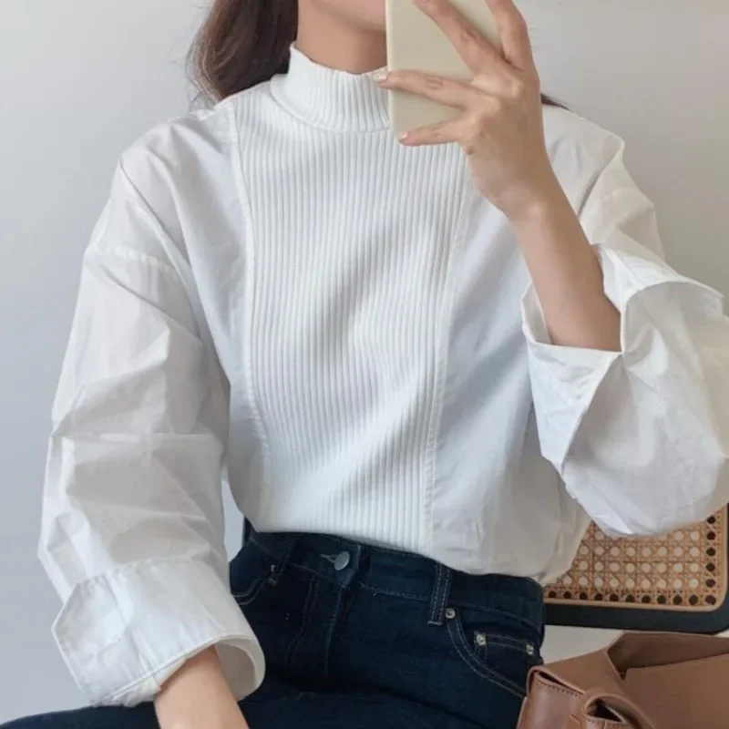 Pull à manches longues moelleux pour dames, chemise cousue, haut à col mi-haut, version coréenne, décontracté, automne et hiver