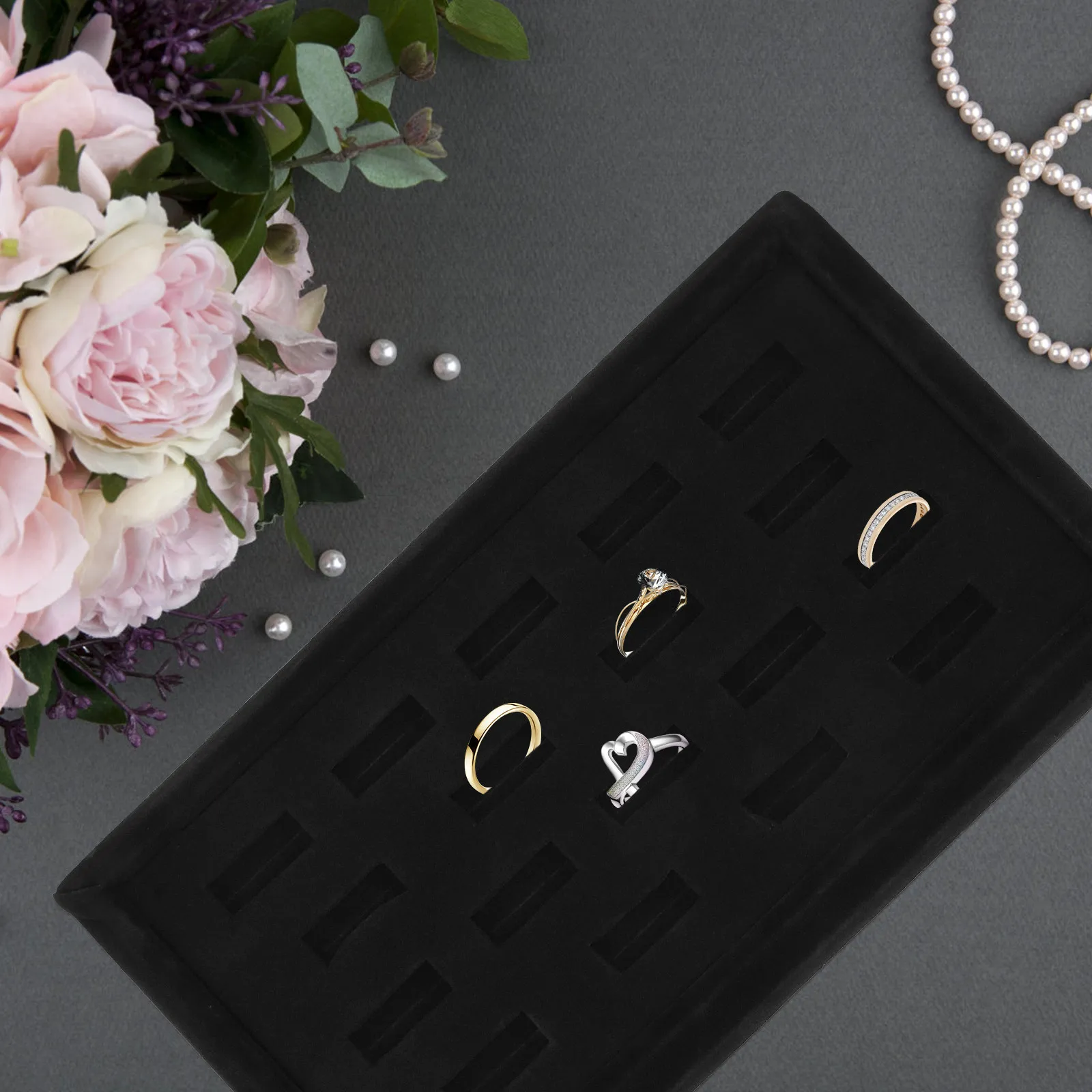 18-Hole Jewelry Display Tray Ring Holder Organizer for Rings Earrings Studs Home Office Jewelry Shop Trade Fair Elegant Premium