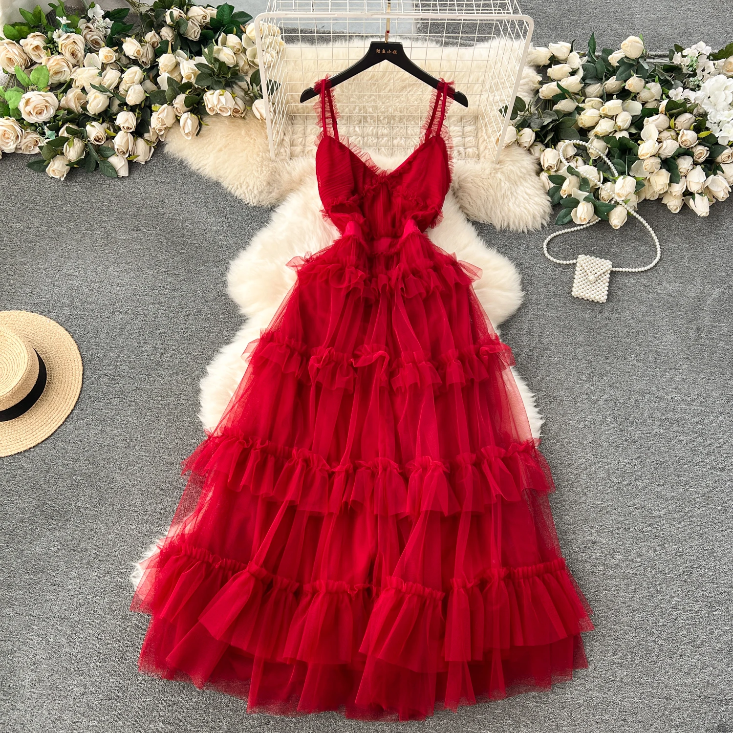 Chic  Sleeveless V Neck Mesh Ruffle Elastic Slim Slip Tiered Dress French Sexy Elegant Party Vestido Women Vintage Summer Dress