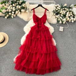 Chic  Sleeveless V Neck Mesh Ruffle Elastic Slim Slip Tiered Dress French Sexy Elegant Party Vestido Women Vintage Summer Dress