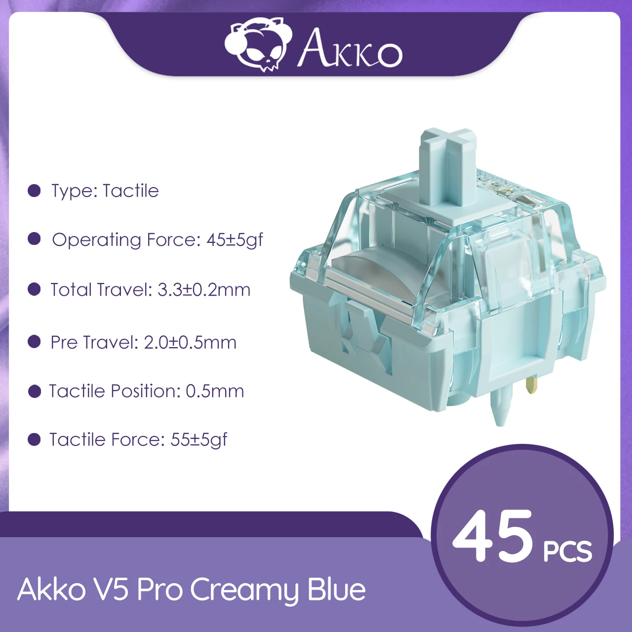 Akko V5 Pro romig blauwe schakelaar 5-pins 45gf Thocky tactiele schakelaar in de fabriek gesmeerd compatibel met Cherry MX mechanisch toetsenbord 45 stuks