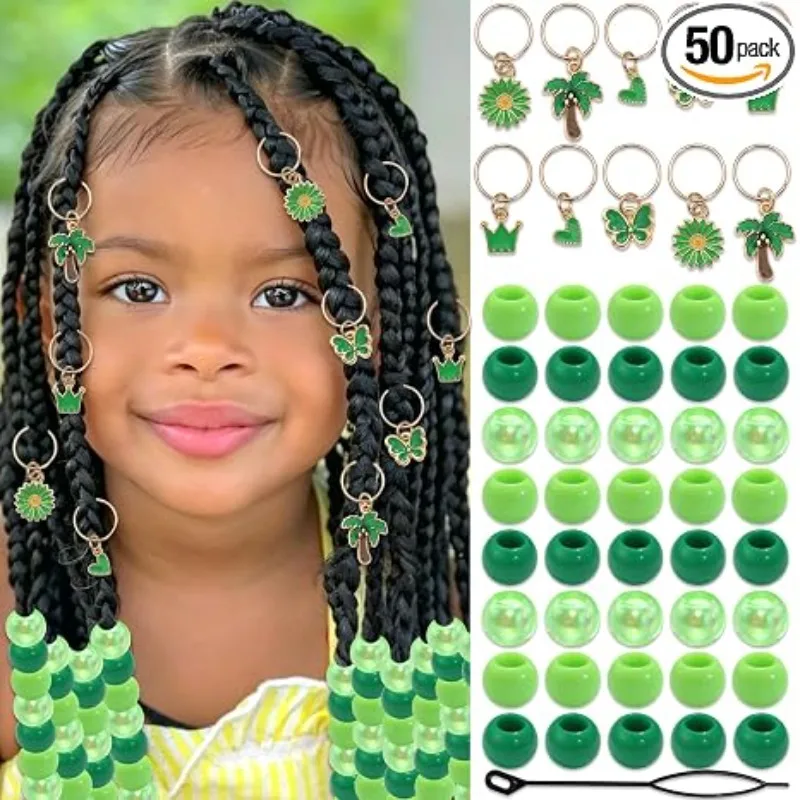 50PCS Kids Braids Hair Jewelry Set, Metal Open Charm Rings with Drop Pendants, Matte and Iridescent Pony Beads for Box Braids