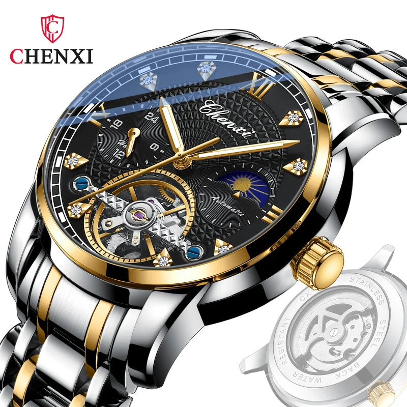 Outdoor Chenxi Men's Hollow Flywheel Watch, impermeável, cinto de aço, automático, mecânico, sol, lua, estrela, luminoso, novo, frete grátis