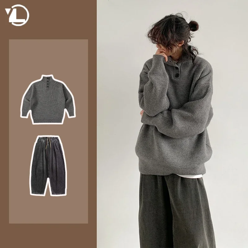 

Autumn New Retro Casual Mens Set Half High Neck Solid Pullover+Hip Hop Wide Leg Jeans Suits Japanese Street Male Two-piece