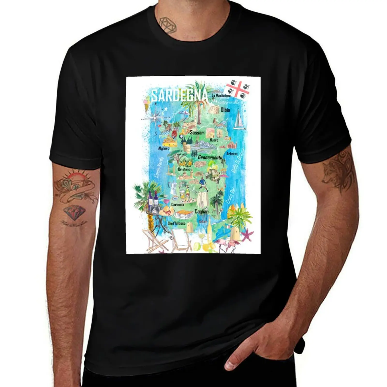 

Sardinia Illustrated Travel Map Mediterranean Adriatic Sicily Sardegna with Roads and Tourist Highlights T-Shirt