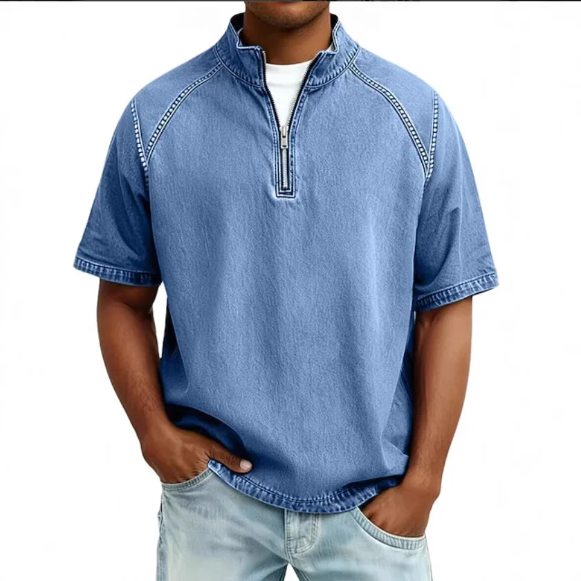 American Vintage Washed Men's Polo Shirt Pure Cotton Half Zip Slim Fit Short Sleeve Casual Summer Tops High Quality Work Wear