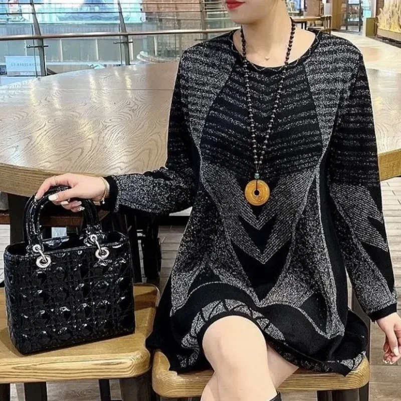 

Casual Geometric Fashion Bright Silk Sweaters Autumn Winter Long Sleeve Female Clothing Round Neck Korean Midi Knitted Jumpers