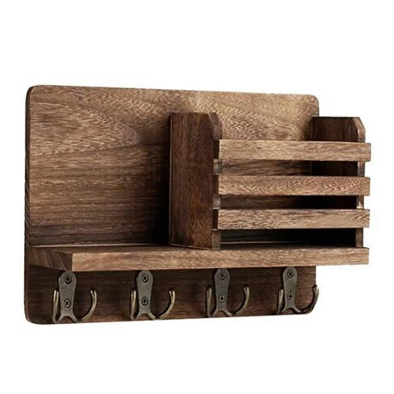 

Entryway Mail Envelope Organizer with 4 Key Hooks Wall Mounted Rustic Wood Mail Holder Shelf with Key Hooks for Wall