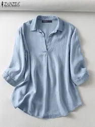 ZANZEA-Blusa de manga 3/4 con cuello en V para Mujer, camisa azul vaquera elegante, Tops de trabajo sólidos OL, Túnica informal holgada para verano