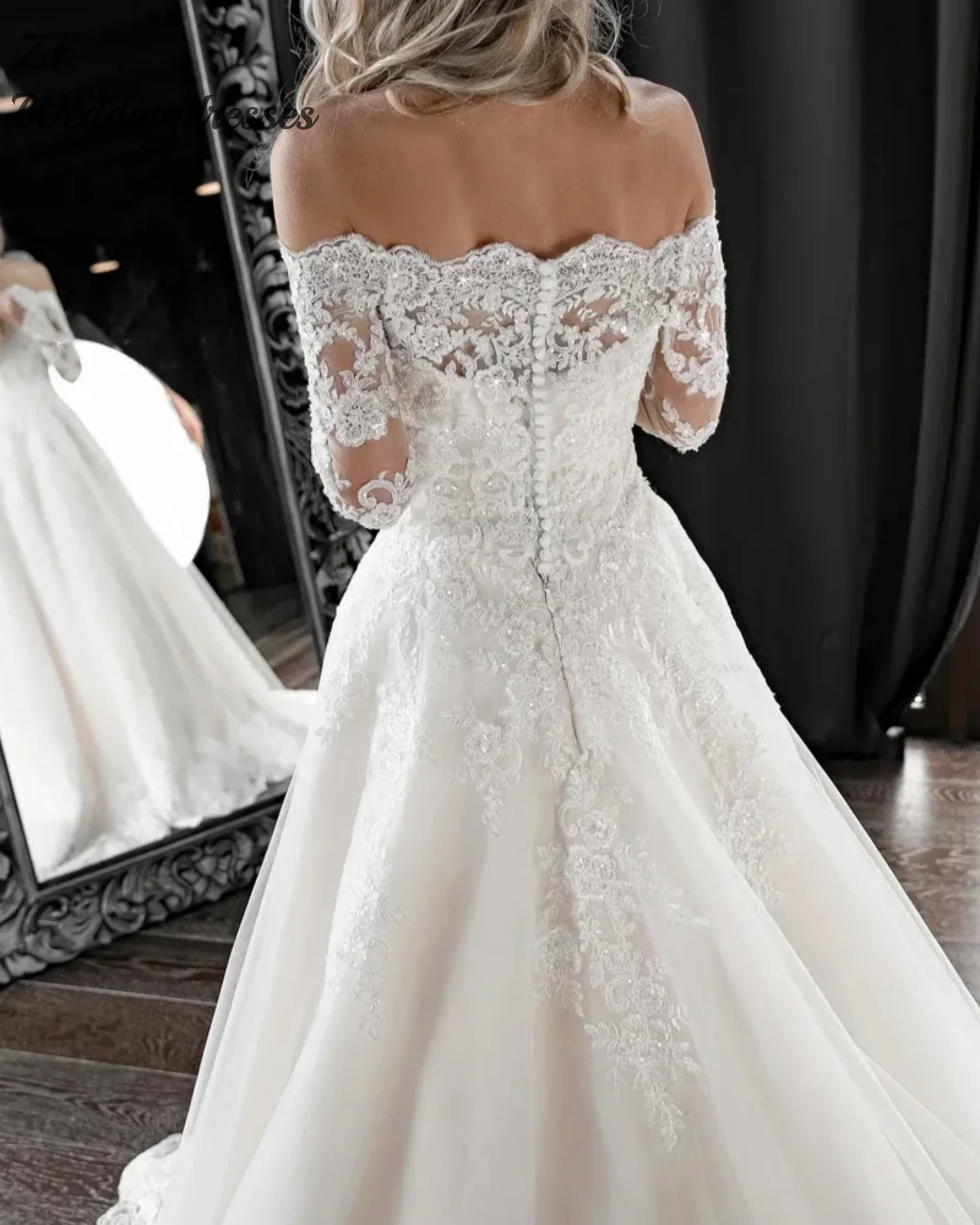 Customized Luxury Off Shoulder Wedding Dresses Long Sleeves Appliques Button Back Princess A-line Bridal Gown Vestido de novia