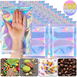 100/10PCS Laser Sealing Bags Plastic Holographic Candy Food Pouch Resealable Necklace Jewelry Gift Packaging Kitchen Storage Bag