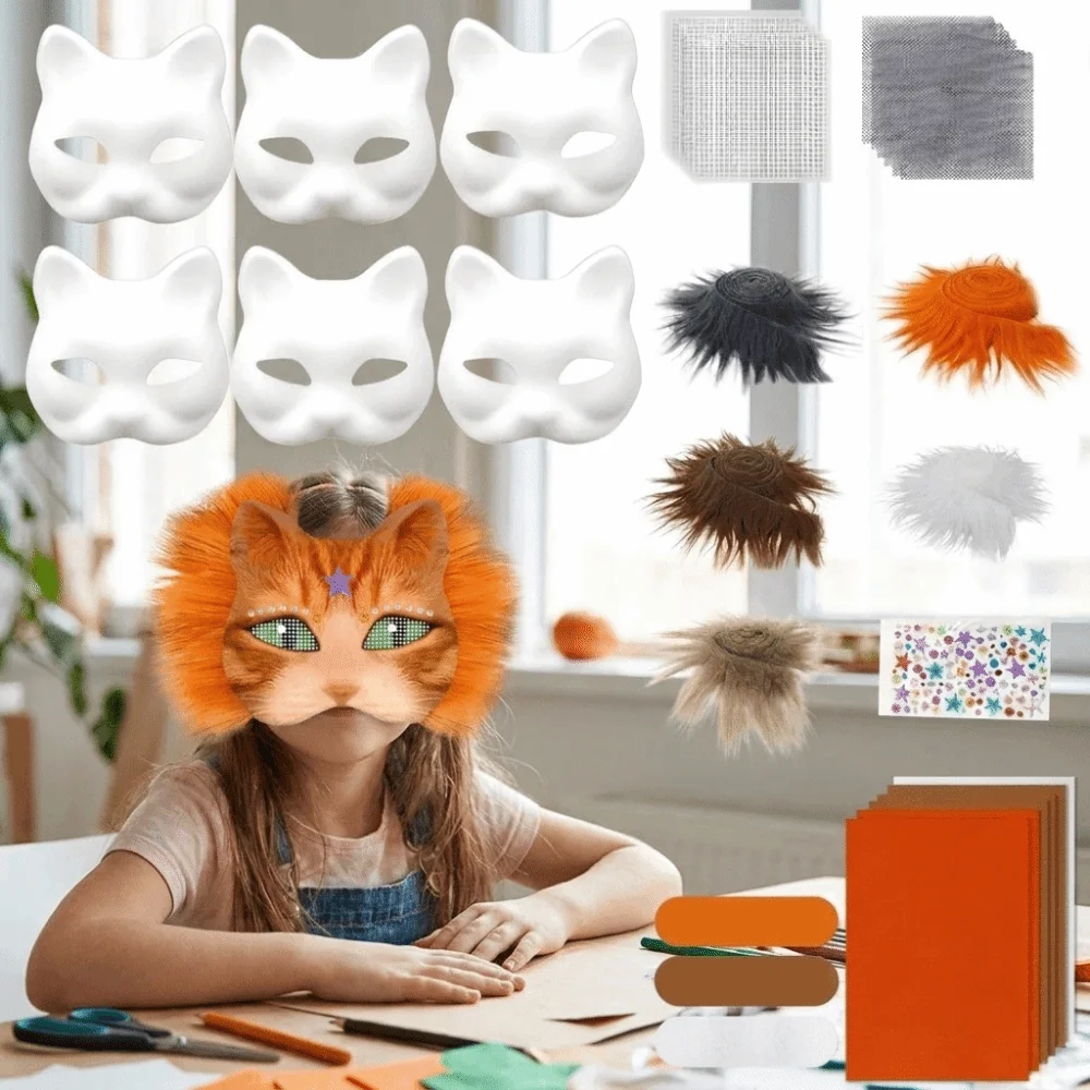 DIY Kit Blank Cat Mask Making Kit Paper Mache Faux Fur Animal Half Face Mask Mesh Stickers Painted Costume Accessory Set Makeup