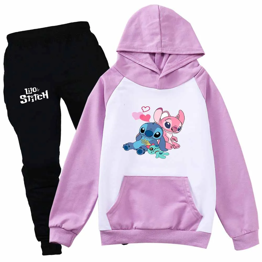 

Disney Lilo Stitch Boys Girls Casual Thin Hoodies Black Pants Kids Sportswear Suits Children Outerwear Clothing Sets