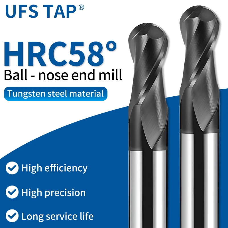 

UFS TAP 1 шт. сферическая концевая фреза из карбида вольфрама, фреза с ЧПУ, фрезерный инструмент R0,5 6 мм, 8 мм, 10 мм, HRC45 55 65, 2 флейты