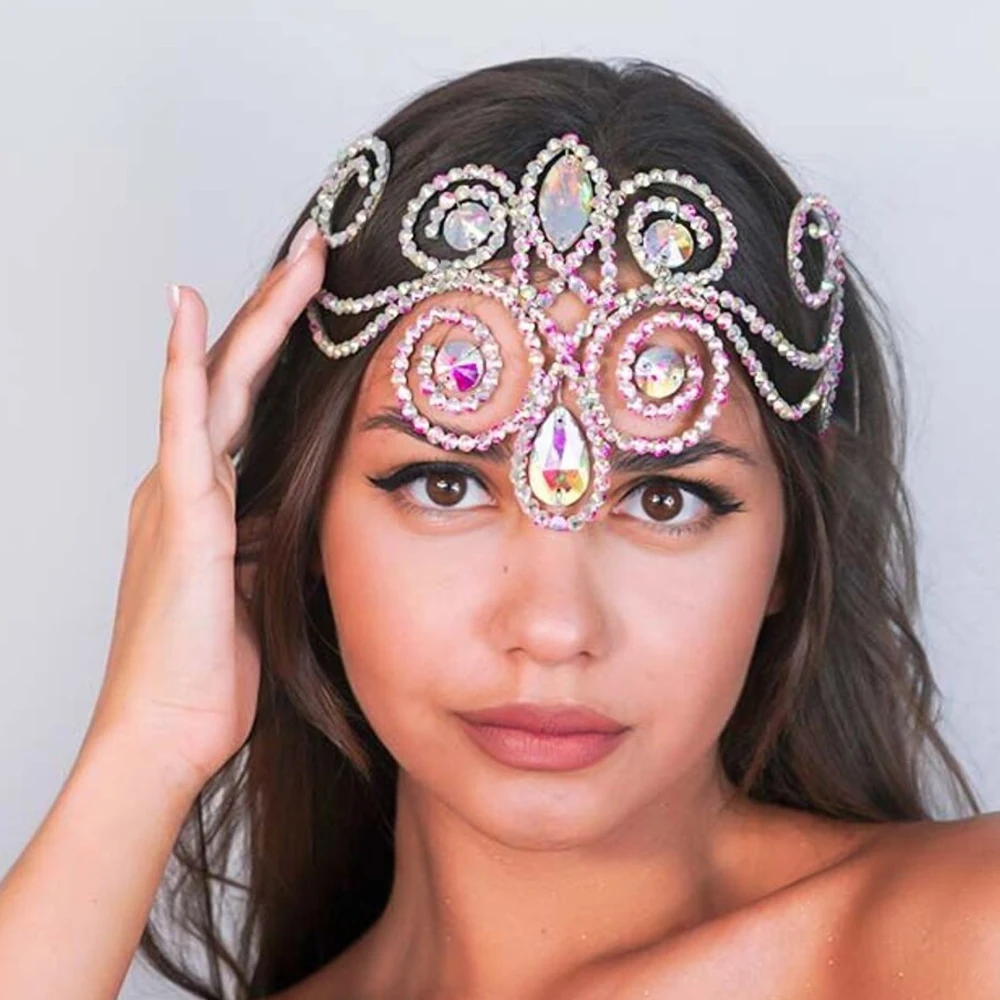 Colorful Belly Dance Tiara Headpiece Burlesque Hair Accessories Fashion Indian Rhinestone Forehead Head Chain Ballroom Jewelry